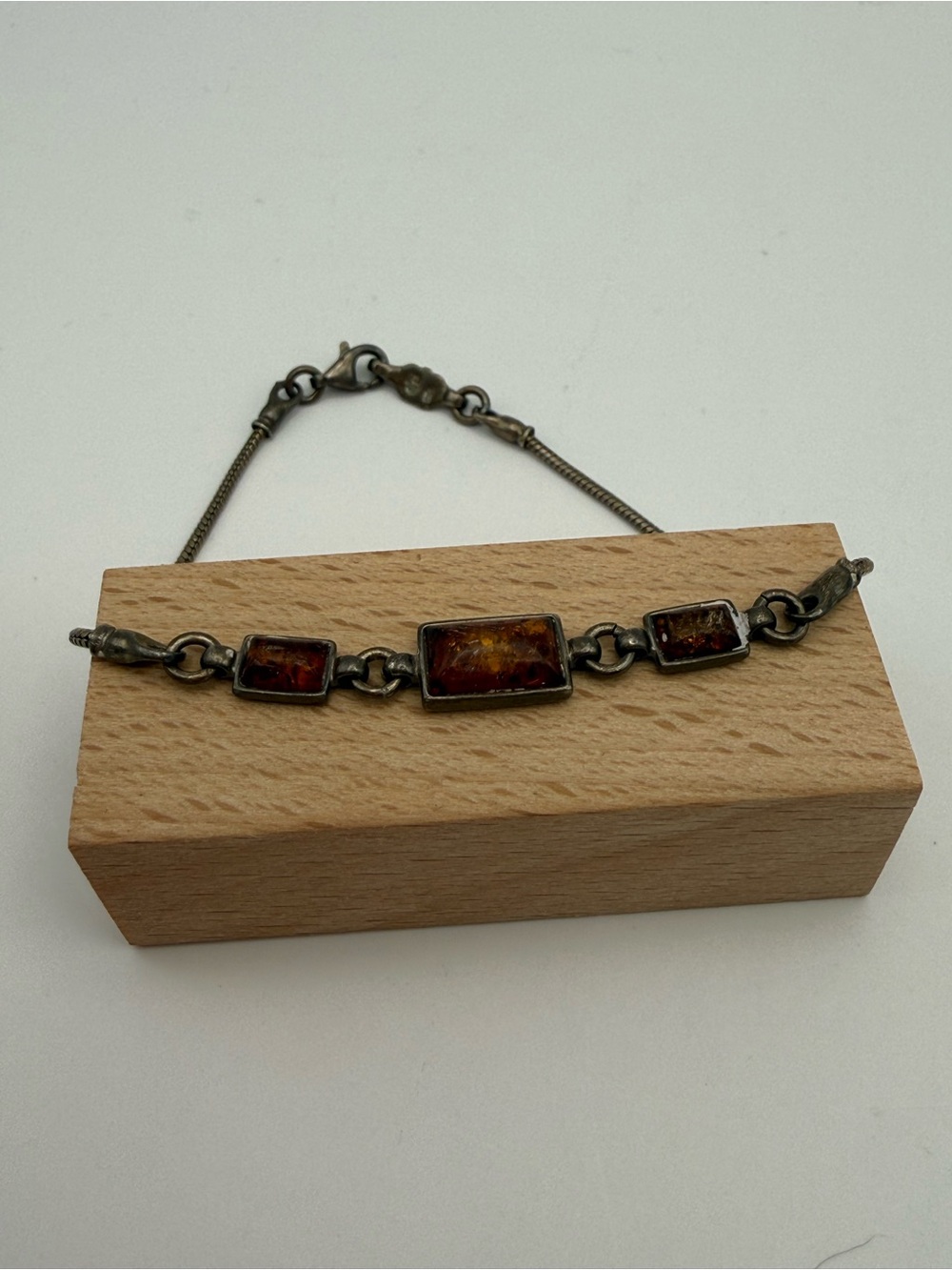 Vintage Amber Stone Link BracVintage Amber Stone Link Bracelet Silver Tone Chain